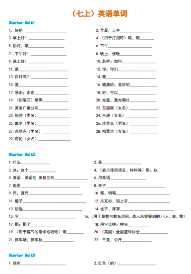 人教版初中英语单词默写表